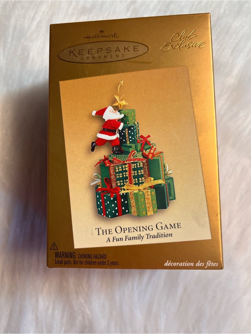 Hallmark Gold Box Ornament with Red & Green Santa Stack